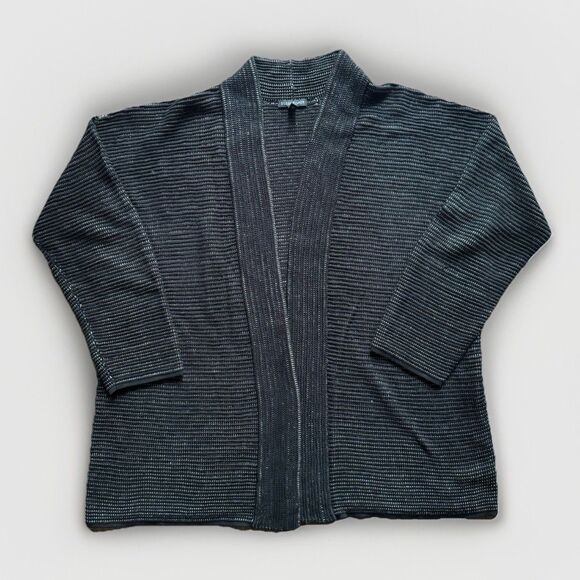 Eileen Fisher Cardigan Sweater Silk Linen Black open Front Size Large - Picture 2 of 12